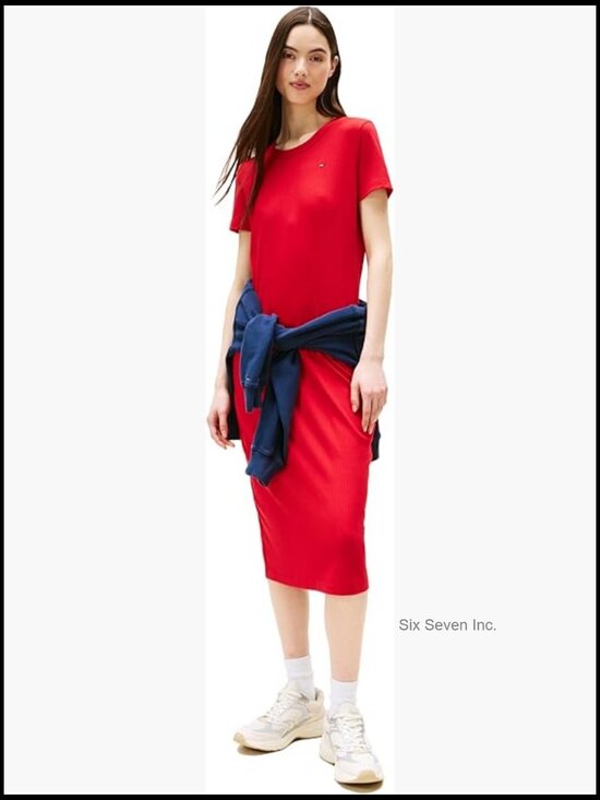 Dresses & Skirts - Bodycon Midi Dress with Logo Detail, Polyester Rayon Spandex Fabric